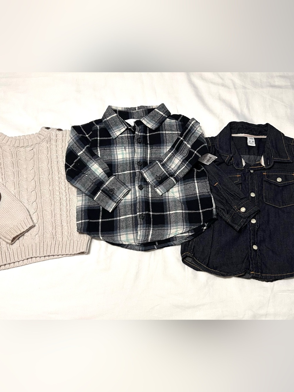 12-18 Month Long Sleeve Shirts Denim, Plaid and Sweater 3 pieces! Excellent!
